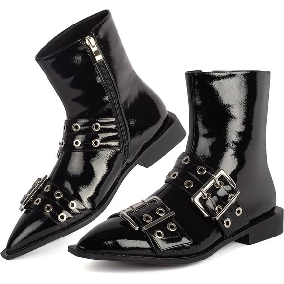 🆕Women's Gothic Metal Eyelets Buckle Ankle Booties, Pointed Toe Chunky Low Heel - Picture 2 of 6